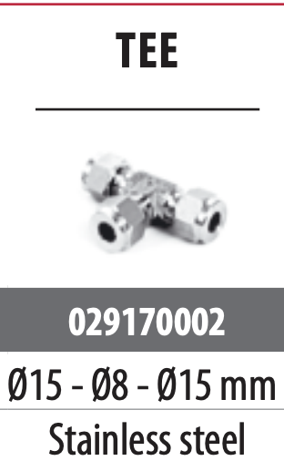 Stainless steel single ring fitting : Ø15 - Ø8 - Ø15 mm tee  / kitchen 16L & 25L