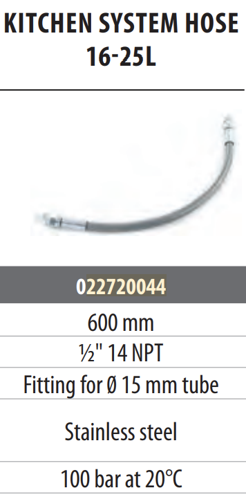 Stainless steel hose / Ø15x1,25 / Lenght 600mm / kitchen 16L & 25L